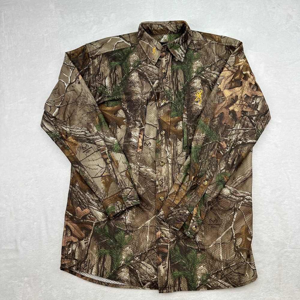 Browning Wasatch Mens Medium Camo Long Sleeve Hunting Fishing Button Up Shirt
